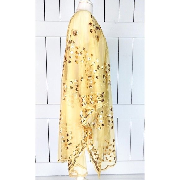 Gold sheer peacock sequin kimono cover up READY TO SHIP - Picture 4 of 5